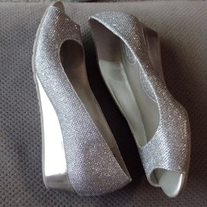 Silver Peep Toe Low Wedges
